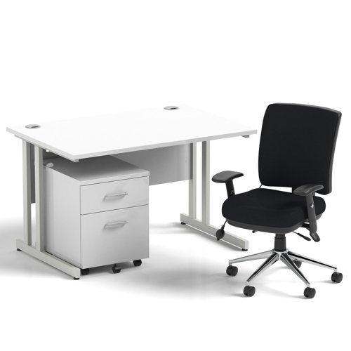 Impulse 1200mm Straight Office Desk White Top Silver Cantilever Leg with 2 Drawer Mobile Pedestal and Chiro Medium Back Black