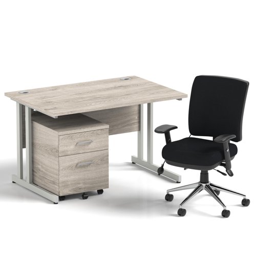 Impulse 1200mm Straight Office Desk Grey Oak Top Silver Cantilever Leg with 2 Drawer Mobile Pedestal and Chiro Medium Back Black