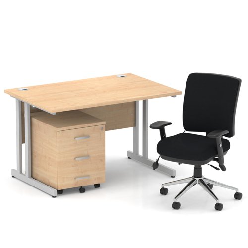 Impulse 1200mm Straight Office Desk Maple Top Silver Cantilever Leg with 3 Drawer Mobile Pedestal and Chiro Medium Back Black