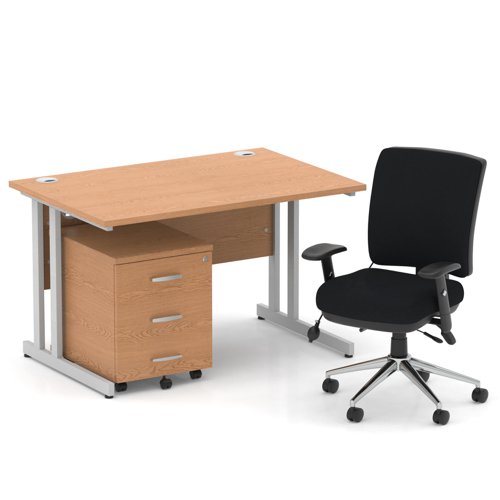 Impulse 1200mm Straight Office Desk Oak Top Silver Cantilever Leg with 3 Drawer Mobile Pedestal and Chiro Medium Back Black