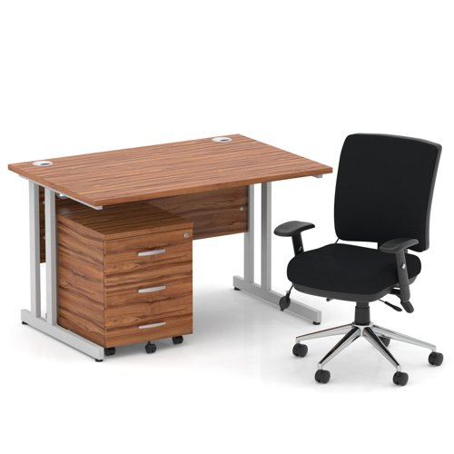 Impulse 1200mm Straight Office Desk Walnut Top Silver Cantilever Leg with 3 Drawer Mobile Pedestal and Chiro Medium Back Black