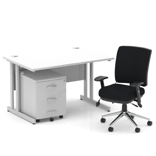 Impulse 1200mm Straight Office Desk White Top Silver Cantilever Leg with 3 Drawer Mobile Pedestal and Chiro Medium Back Black