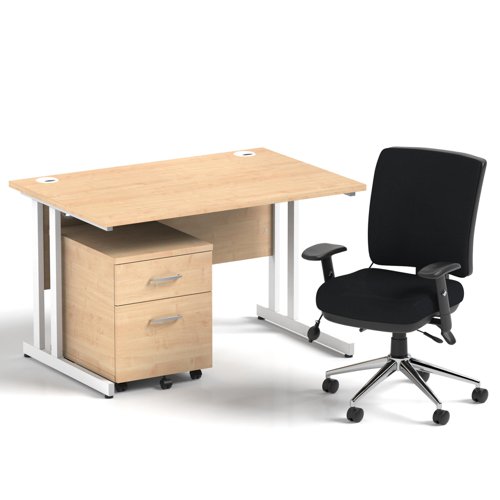 Impulse 1200mm Straight Office Desk Maple Top White Cantilever Leg with 2 Drawer Mobile Pedestal and Chiro Medium Back Black