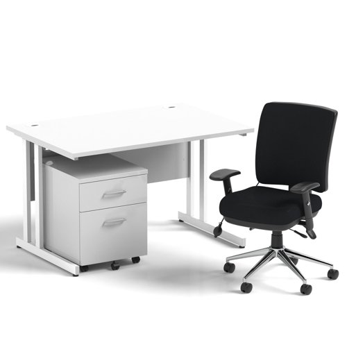 Impulse 1200mm Straight Office Desk White Top White Cantilever Leg with 2 Drawer Mobile Pedestal and Chiro Medium Back Black