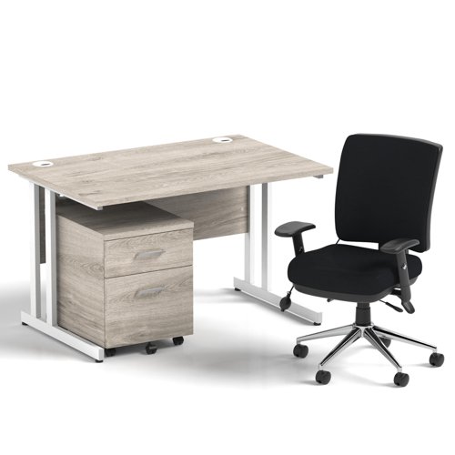 Impulse 1200mm Straight Office Desk Grey Oak Top White Cantilever Leg with 2 Drawer Mobile Pedestal and Chiro Medium Back Black