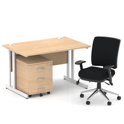 Impulse 1200mm Straight Office Desk Maple Top White Cantilever Leg with 3 Drawer Mobile Pedestal and Chiro Medium Back Black