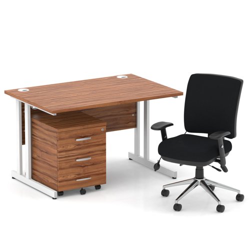 Impulse 1200mm Straight Office Desk Walnut Top White Cantilever Leg with 3 Drawer Mobile Pedestal and Chiro Medium Back Black