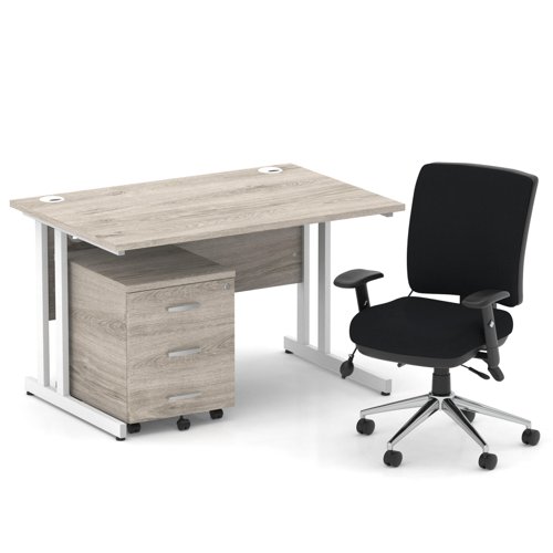 Impulse 1200mm Straight Office Desk Grey Oak Top White Cantilever Leg with 3 Drawer Mobile Pedestal and Chiro Medium Back Black