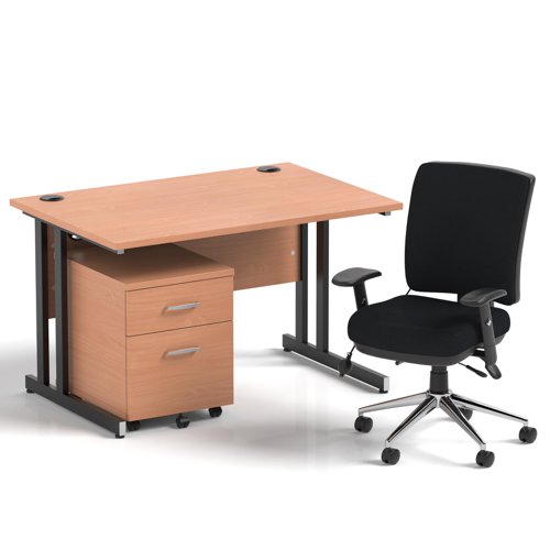 Impulse 1200mm Straight Office Desk Beech Top Black Cantilever Leg with 2 Drawer Mobile Pedestal and Chiro Medium Back Black