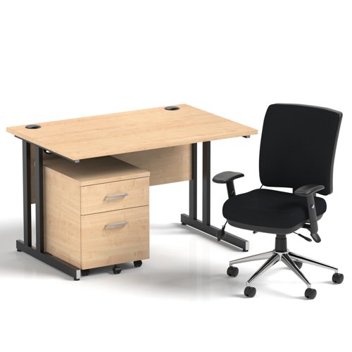 Impulse 1200mm Straight Office Desk Maple Top Black Cantilever Leg with 2 Drawer Mobile Pedestal and Chiro Medium Back Black