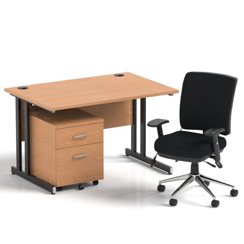 Impulse 1200mm Straight Office Desk Oak Top Black Cantilever Leg with 2 Drawer Mobile Pedestal and Chiro Medium Back Black