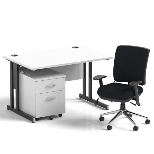 Impulse 1200mm Straight Office Desk White Top Black Cantilever Leg with 2 Drawer Mobile Pedestal and Chiro Medium Back Black