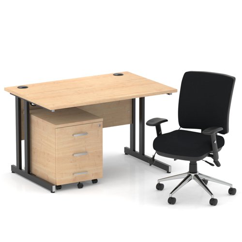 Impulse 1200mm Straight Office Desk Maple Top Black Cantilever Leg with 3 Drawer Mobile Pedestal and Chiro Medium Back Black
