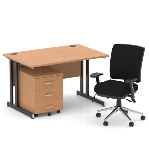 Impulse 1200mm Straight Office Desk Oak Top Black Cantilever Leg with 3 Drawer Mobile Pedestal and Chiro Medium Back Black