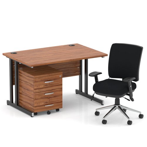 Impulse 1200mm Straight Office Desk Walnut Top Black Cantilever Leg with 3 Drawer Mobile Pedestal and Chiro Medium Back Black