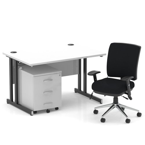 Impulse 1200mm Straight Office Desk White Top Black Cantilever Leg with 3 Drawer Mobile Pedestal and Chiro Medium Back Black