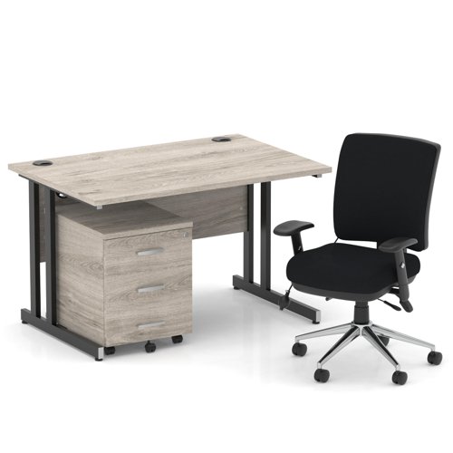 Impulse 1200mm Straight Office Desk Grey Oak Top Black Cantilever Leg with 3 Drawer Mobile Pedestal and Chiro Medium Back Black