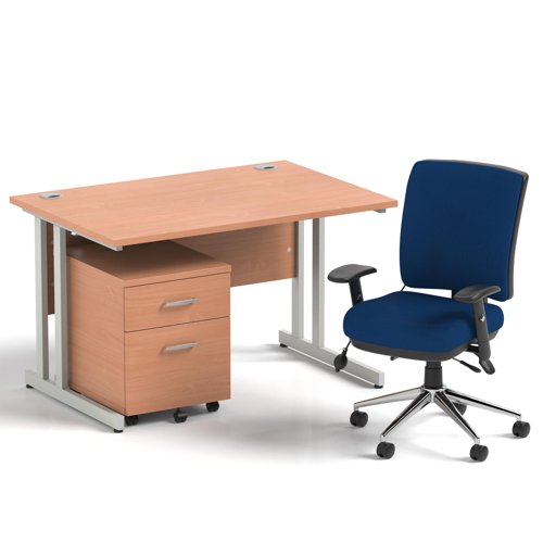 Impulse 1200mm Straight Office Desk Beech Top Silver Cantilever Leg with 2 Drawer Mobile Pedestal and Chiro Medium Back Blue