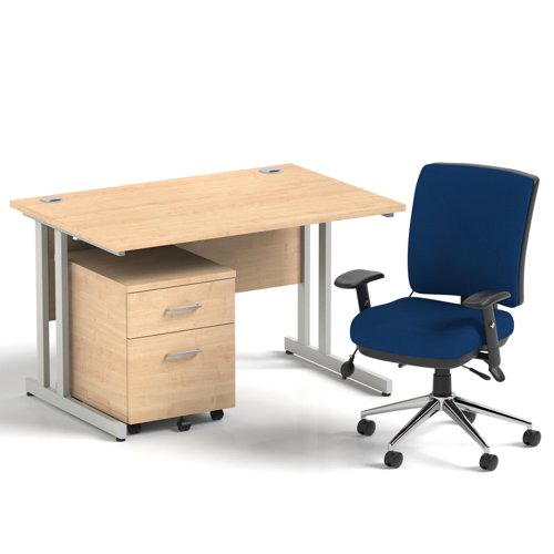 Impulse 1200mm Straight Office Desk Maple Top Silver Cantilever Leg with 2 Drawer Mobile Pedestal and Chiro Medium Back Blue