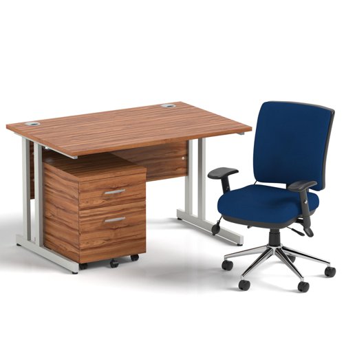 Impulse 1200mm Straight Office Desk Walnut Top Silver Cantilever Leg with 2 Drawer Mobile Pedestal and Chiro Medium Back Blue