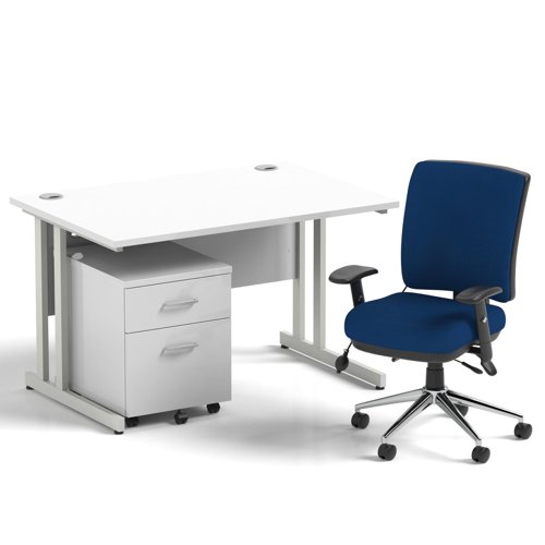 Impulse 1200mm Straight Office Desk White Top Silver Cantilever Leg with 2 Drawer Mobile Pedestal and Chiro Medium Back Blue