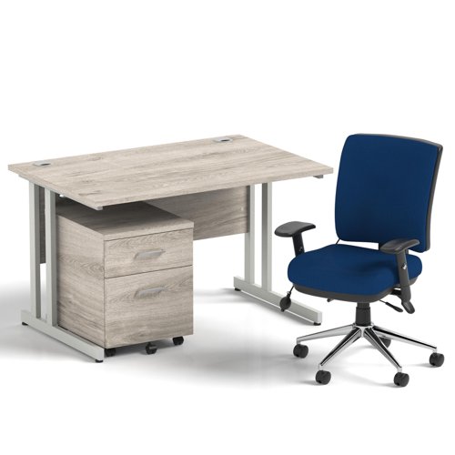Impulse 1200mm Straight Office Desk Grey Oak Top Silver Cantilever Leg with 2 Drawer Mobile Pedestal and Chiro Medium Back Blue