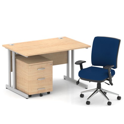 Impulse 1200mm Straight Office Desk Maple Top Silver Cantilever Leg with 3 Drawer Mobile Pedestal and Chiro Medium Back Blue