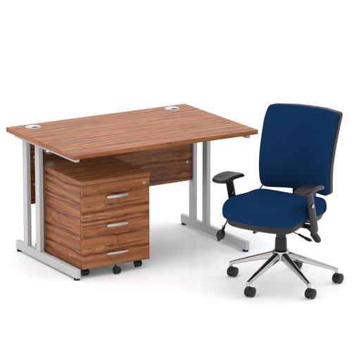 Impulse 1200mm Straight Office Desk Walnut Top Silver Cantilever Leg with 3 Drawer Mobile Pedestal and Chiro Medium Back Blue