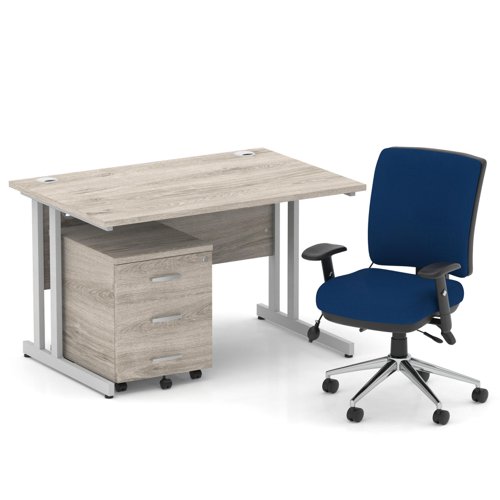 Impulse 1200mm Straight Office Desk Grey Oak Top Silver Cantilever Leg with 3 Drawer Mobile Pedestal and Chiro Medium Back Blue