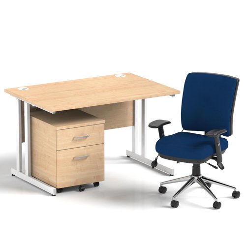Impulse 1200mm Straight Office Desk Maple Top White Cantilever Leg with 2 Drawer Mobile Pedestal and Chiro Medium Back Blue