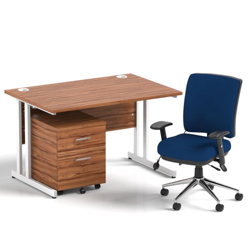 Impulse 1200mm Straight Office Desk Walnut Top White Cantilever Leg with 2 Drawer Mobile Pedestal and Chiro Medium Back Blue