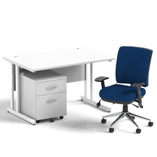Impulse 1200mm Straight Office Desk White Top White Cantilever Leg with 2 Drawer Mobile Pedestal and Chiro Medium Back Blue
