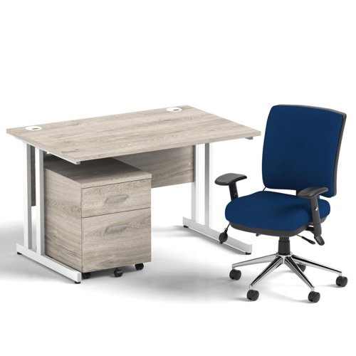 Impulse 1200mm Straight Office Desk Grey Oak Top White Cantilever Leg with 2 Drawer Mobile Pedestal and Chiro Medium Back Blue