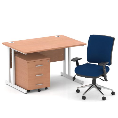 Impulse 1200mm Straight Office Desk Beech Top White Cantilever Leg with 3 Drawer Mobile Pedestal and Chiro Medium Back Blue