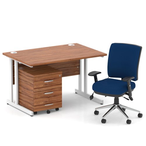 Impulse 1200mm Straight Office Desk Walnut Top White Cantilever Leg with 3 Drawer Mobile Pedestal and Chiro Medium Back Blue