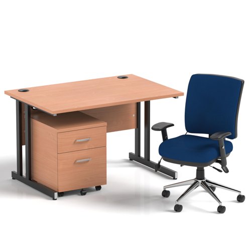 Impulse 1200mm Straight Office Desk Beech Top Black Cantilever Leg with 2 Drawer Mobile Pedestal and Chiro Medium Back Blue