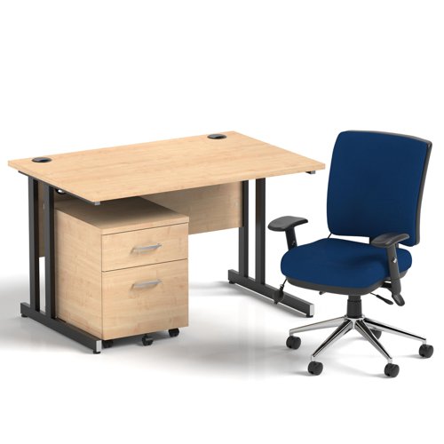 Impulse 1200mm Straight Office Desk Maple Top Black Cantilever Leg with 2 Drawer Mobile Pedestal and Chiro Medium Back Blue