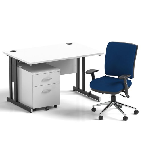 Impulse 1200mm Straight Office Desk White Top Black Cantilever Leg with 2 Drawer Mobile Pedestal and Chiro Medium Back Blue