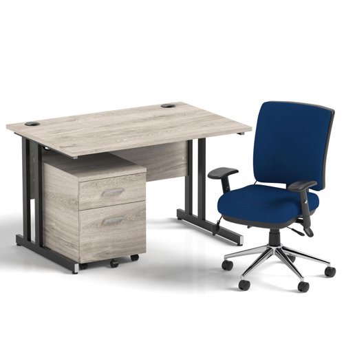 Impulse 1200mm Straight Office Desk Grey Oak Top Black Cantilever Leg with 2 Drawer Mobile Pedestal and Chiro Medium Back Blue