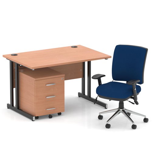 Impulse 1200mm Straight Office Desk Beech Top Black Cantilever Leg with 3 Drawer Mobile Pedestal and Chiro Medium Back Blue