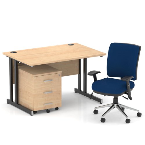 Impulse 1200mm Straight Office Desk Maple Top Black Cantilever Leg with 3 Drawer Mobile Pedestal and Chiro Medium Back Blue