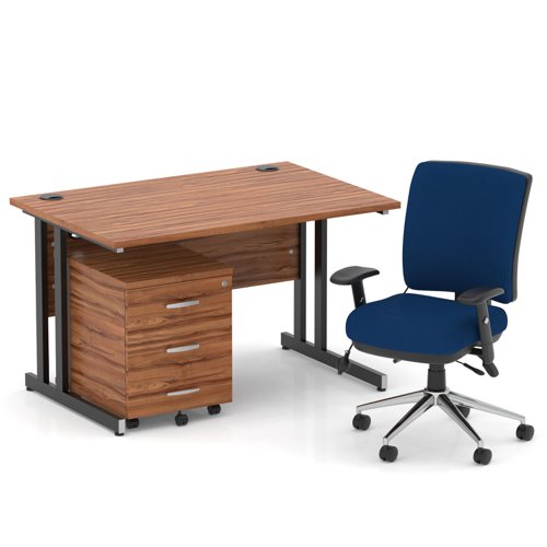 Impulse 1200mm Straight Office Desk Walnut Top Black Cantilever Leg with 3 Drawer Mobile Pedestal and Chiro Medium Back Blue