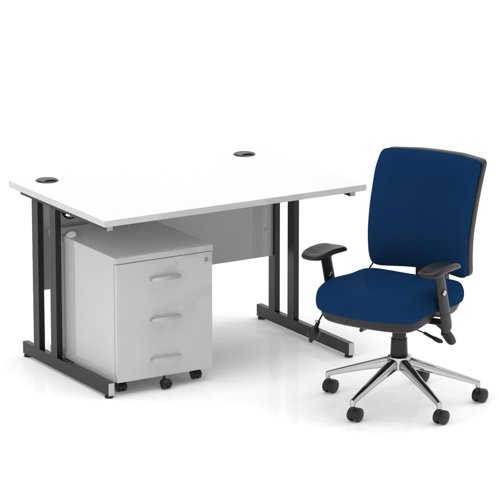 Impulse 1200mm Straight Office Desk White Top Black Cantilever Leg with 3 Drawer Mobile Pedestal and Chiro Medium Back Blue