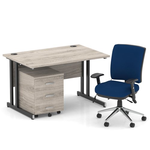 Impulse 1200mm Straight Office Desk Grey Oak Top Black Cantilever Leg with 3 Drawer Mobile Pedestal and Chiro Medium Back Blue