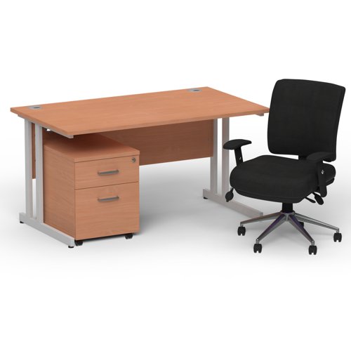 Impulse 1400 x 800 Silver Cant Office Desk Beech + 2 Dr Mobile Ped & Chiro Med Back Black W/Arms