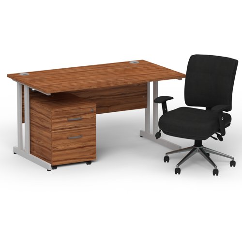 Impulse 1400 x 800 Silver Cant Office Desk Walnut + 2 Dr Mobile Ped & Chiro Med Back Black W/Arms