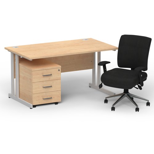 Impulse 1400 x 800 Silver Cant Office Desk Maple + 3 Dr Mobile Ped & Chiro Med Back Black W/Arms