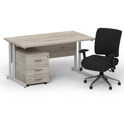 Impulse 1400 x 800 Silver Cant Office Desk Grey Oak + 3 Dr Mobile Ped & Chiro Med Back Black W/Arms