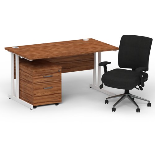 Impulse 1400 x 800 White Cant Office Desk Walnut + 2 Dr Mobile Ped & Chiro Med Back Black W/Arms