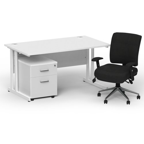 Impulse 1400 x 800 White Cant Office Desk White + 2 Dr Mobile Ped & Chiro Med Back Black W/Arms